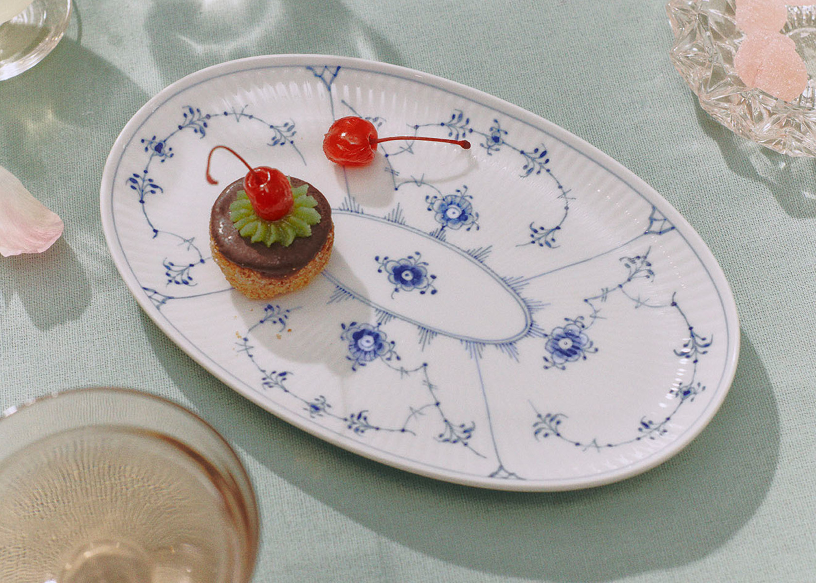 An elegant table set with Blue Fluted Plain
